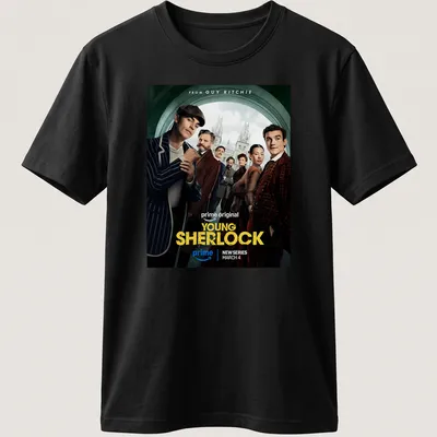Movie poster-style t-shirt featuring Young Sherlock with bold lettering