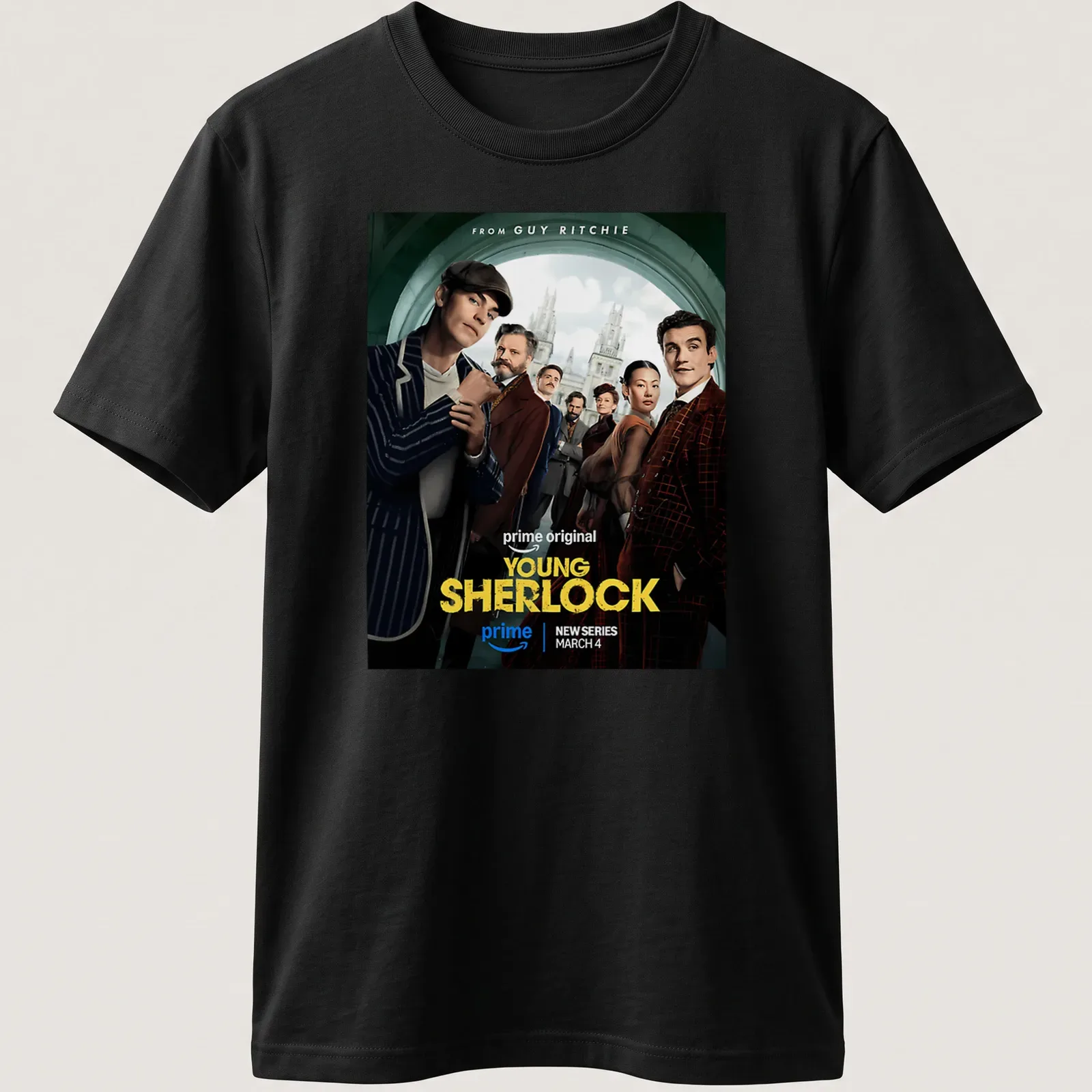 Movie poster-style t-shirt featuring Young Sherlock with bold lettering — printed on a unisex t-shirt