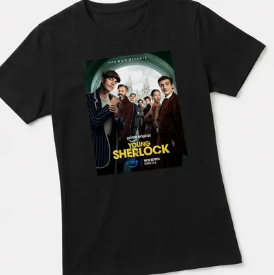 Movie poster-style t-shirt featuring Young Sherlock with bold lettering — printed on a women's shirt