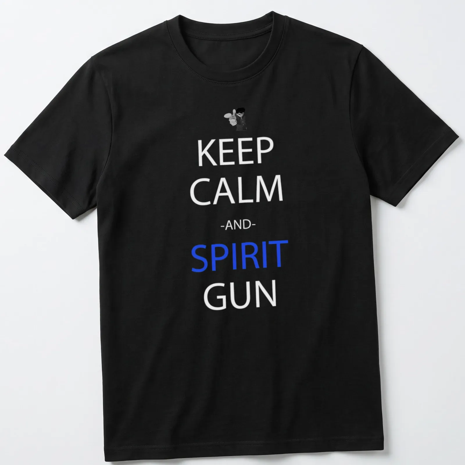 Anime-style shirt featuring Yusuke with the phrase Keep Calm and Spirit Gun. — printed on a unisex t-shirt