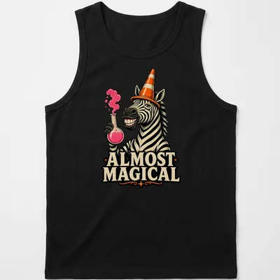 Cartoon zebra wearing an orange traffic cone hat with the phrase Almost Magical — printed on a tank top