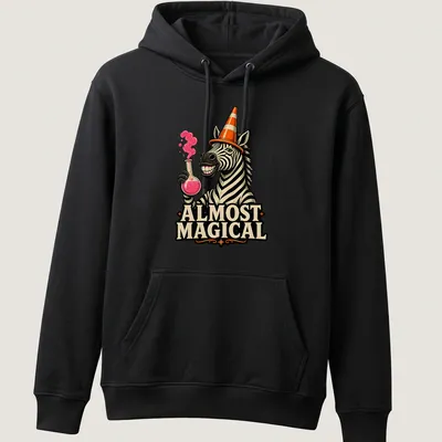 Cartoon zebra wearing an orange traffic cone hat with the phrase Almost Magical — printed on a unisex hoodie