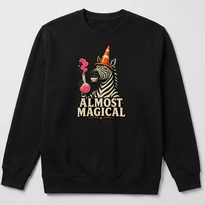 Cartoon zebra wearing an orange traffic cone hat with the phrase Almost Magical — printed on a unisex sweatshirt