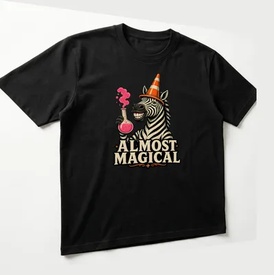 Cartoon zebra wearing an orange traffic cone hat with the phrase Almost Magical — printed on a unisex t-shirt (angled view)