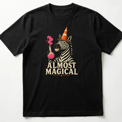 Cartoon zebra wearing an orange traffic cone hat with the phrase Almost Magical