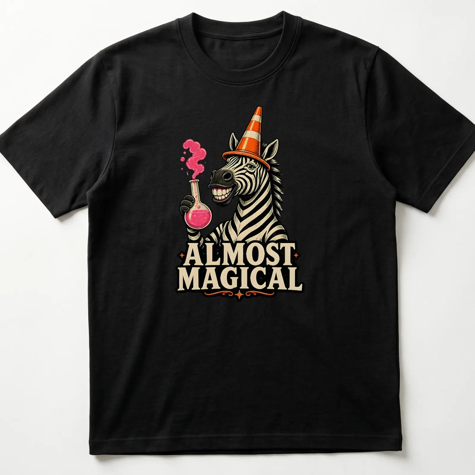 Cartoon zebra wearing an orange traffic cone hat with the phrase Almost Magical — printed on a unisex t-shirt