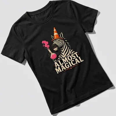 Cartoon zebra wearing an orange traffic cone hat with the phrase Almost Magical — printed on a women's shirt