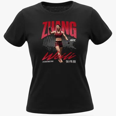Grunge-style t-shirt featuring Zhang Weili #REMEMBERME in bold letters — printed on a women's shirt